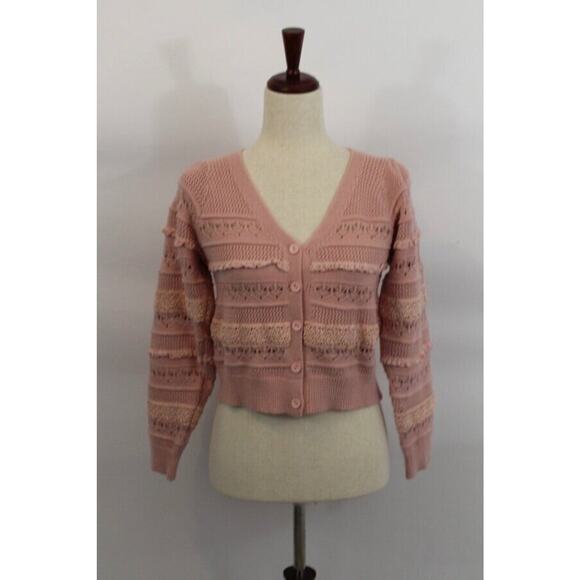 ALLISON New York Sz XS Pink Crochet Cropped Levy Cardigan Sweater - Picture 8 of 9